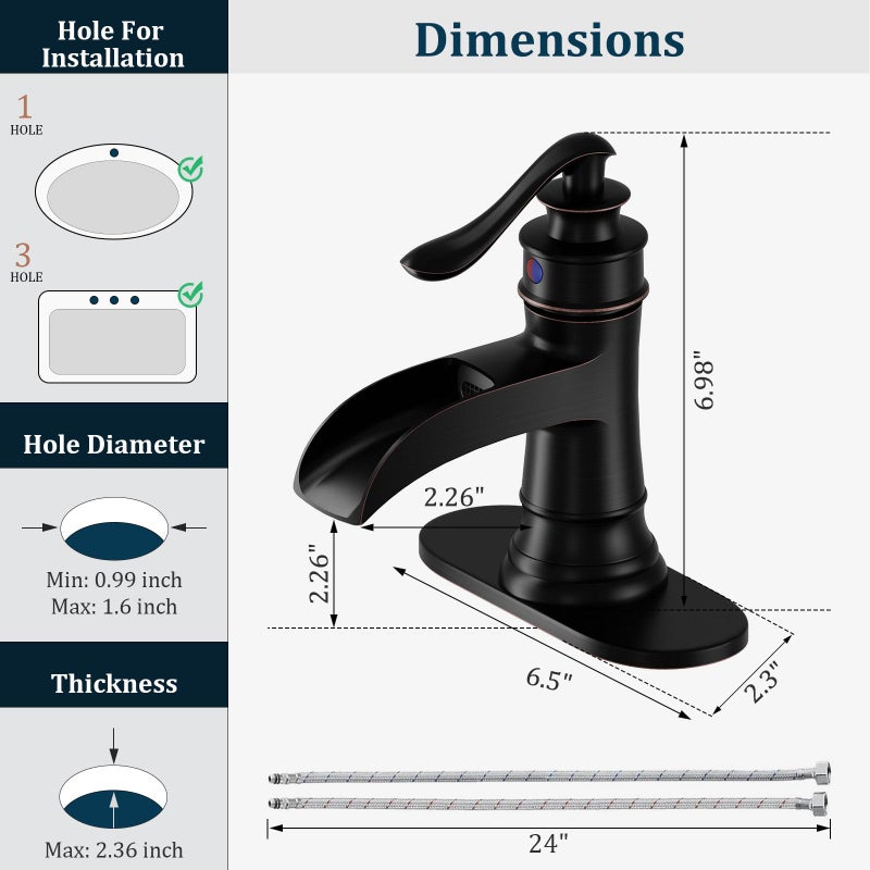 BATHLAVISH Oil Rubbed Bronze Waterfall Bathroom Faucet, Single Handle Bathroom Sink Faucet 1 Hole or 3 Hole, Vanity Sink Faucet for Vintage Antique Lavatory Washroom with Pop Up Drain, Deck, 2 Hoses - Image 2